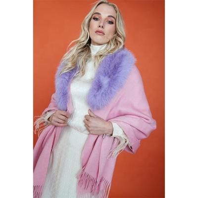 China Fashionable New Arrivals Shawl Cashmere Blend Pink Wrap With Purple Faux Fur Collar And Tassels Customize Fashion Luxury Wrap For Women for sale