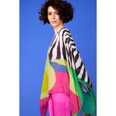 China Plush Zebra Floral Garden Mix Poncho Customize Floral Printing 140 x 140cm Chiffon Cape Fashion Luxury Square Shawl For Women for sale