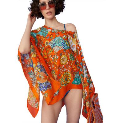 China Plush Garden of Life 140 x 140cm Luxury Twill Square Scarf Fashion Silk Poncho Customize Floral Printing Cape For Women for sale