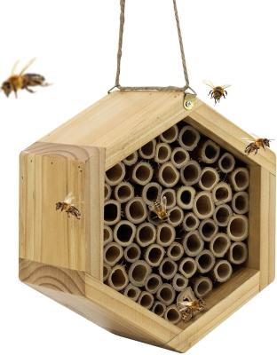 China Handmade Natural Wooden Hexagon Bee Hive Mason Bee Habitat House Viable With Bamboo Tubes for sale