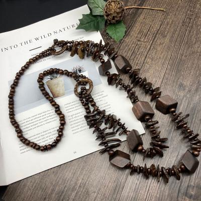 China Brown Vintage Style Cotton Ethnic Canvas Beads Long Necklace Durable Wooden Sweater Necklace With Accessories Necklace Amazon for sale