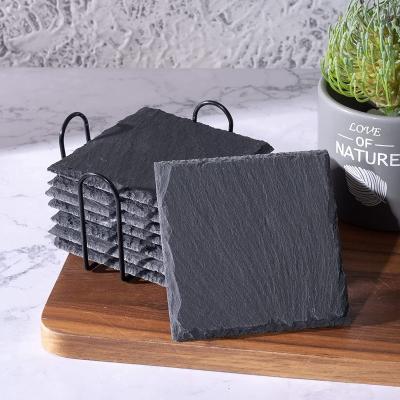 China 4 Inch Sustainable 8 Pack Slate Coasters With Iron Frame With Pad Non Slip Gel Natural Stone Foot Coasters For Home Beverage Cafe for sale