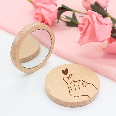 China China Country Style Mirror Round Mirror Small Mini Small Wooden Portable Female Hand Makeup Mirror for sale