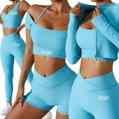 China 3 Pieces Breathable Wholesale Custom Women Fit Exercise Scoop Neck Ribbed Fitness Set Hoght Waist Sport Yoga Set for sale