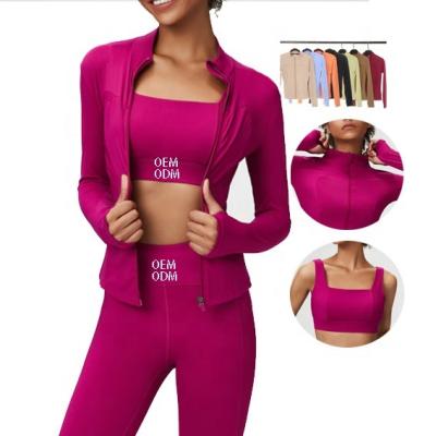 China Breathable Fitness Trackers Custom Pants Stretches Yoga High Waist Leggings Legging With Jackets 3 Piece Workout Set Women for sale