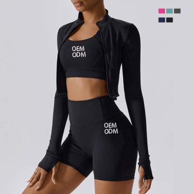 China Breathable Wholesale 3 Piece Workout Set Gym Clothes Women Sports Jackets Sports Bra And Shorts Set for sale