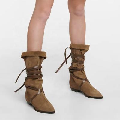 China Women's Chunky Boots Luxury Brand Designer Knee High Boots Light Nature Suede Straps Autumn Winter Original Retro Western Mujer Boots for sale