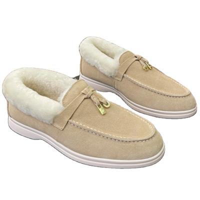 China Hot Selling Lp Round Suede Flat Heels 2022 Winter Warm Wool Loafers Women Genuine Leather Slip On Male High Quality Casual Shoes Mules for sale