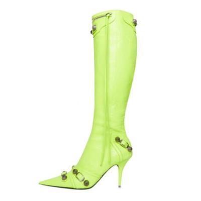 China Fashion Trend Woman New Fashion Sexy Pure Color Led Toe Stilettos Heels Vintage Metal Buckle Zipper Knee High Boots Slim Tassel Shoes 45 for sale