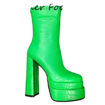 China Waterproof Neon Green Platform Runway Pumps Square Short Toe Chunky Heel Zipper Boots Female Zapatos Mujer Botas New Women High Heels Boots for sale