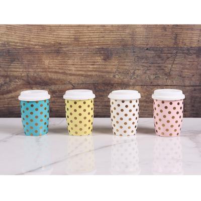 China Viable Custom Logo Ceramic Travel Mugs With Silicone Lid Novelty Porcelain Coffee Tea Cups With Polka Dot Pattern for sale