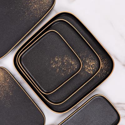 China Viable High Quality Tableware Porcelain Square Dish Black Ceramic Restaurant Dinner Dishes With Gold Rim for sale