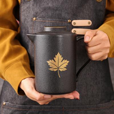 China Viable Custom Wholesale Custom Logo Gold Maple Leaf Matte Glazed Model Personalized Porcelain Black Teapot for sale