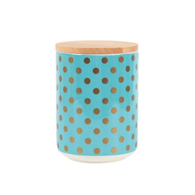 China Contemporary Polka Dot Pattern Decal Printed Airtight Ceramic Spice Food Storage Jar With Bamboo Lid Coffee Tea Sugar Canister for sale