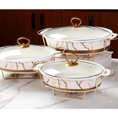 China Wholesale Hotel Home Restaurant Restaurant Used Marble Luxury Oval Buffet Shape Ceramic Food Warmer With Stand for sale