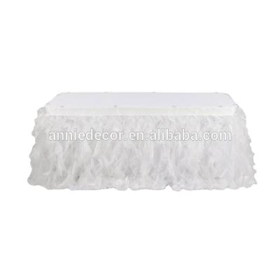 China Reusable Wholesale Polyester Ruffled Willow Curly Table Skirt, Fancy Wedding Table Skirt for sale