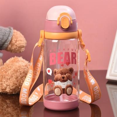 China Cute Kids Water Bottle 600ML Bpa Cartoon Printing Viable Free Clear Plastic Drink Bottle With Straw And Strap for sale