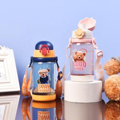 China 2022 Print Sustainable Eco Friendly Portable Cartoon Flip Top Plastic Drink Bottle Kids Water Bottle With Strap for sale