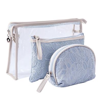 China Sustainable Lace Bag PVC Cosmetic Zipper 3 Pieces Storage Bag Makeup Bag for sale