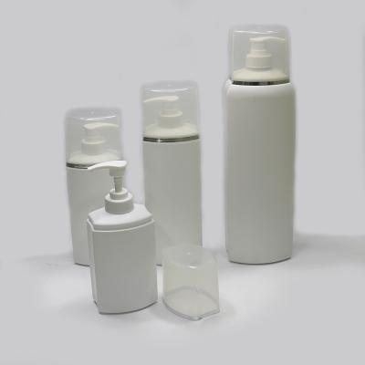 China Stock 300ml 400ml 500ml 1000ml Square HDPE Cosmetic Plastic White Bottle With Pump For Cosmetic Lotion Shampoo And Cream And Bath Shower for sale