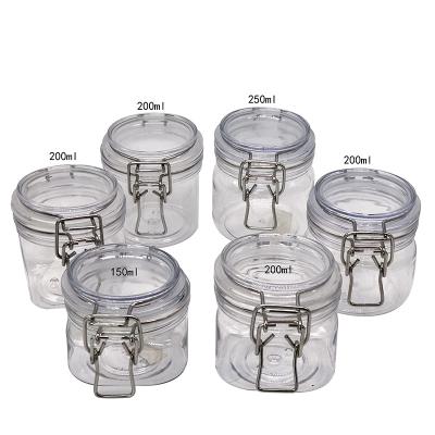 China Eco-friendly in stock round plastic cosmetic container 100ml 120ml 150ml 200ml 550ml 1000ml PET airtight seal airtight kilner jar with metal lock for sale