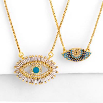 China Fashion Turkish Evil Eye Necklace Gold Plated Copper Cube Zircon Blue Eye Necklace for sale