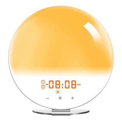 China 2021 Hot Selling Radio Nap Atmosphere Sunset Fashion Bedside Lamp Wake Up Light Sunrise Led Screen Multiple Nature Sounds Alarm Clock for sale