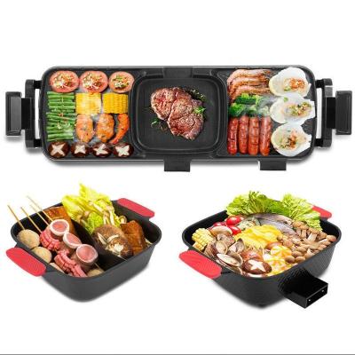 China Large household aluminum alloy non-stick outdoor multifunctional non-smoking electric dual-use BBQ grill with hot pot for sale