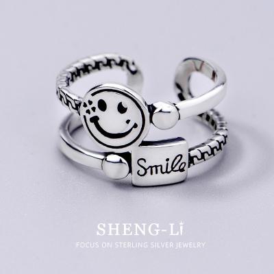 China S925 Yindong Retro Ssmiling Thai-Yin Environmentally Friendly Door Korean Version Face Opening Ring Female Joint Ring for sale