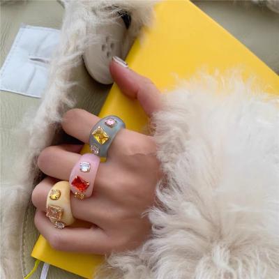 China 2021 FASHIONABLE new candy color handmade inset with gemstone acrylic resin ring for ladies for sale