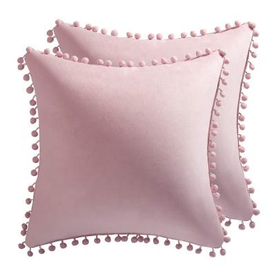 China Non-Toxic Comfortable Soft Velvet Square Decorative Pom-poms Pillow Cases Tile Covers For Farmhouse Home Decor for sale