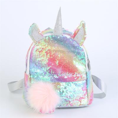 China RFID Rainbow Sequin Unicorn Backpack With Pompom Sequin Backpack for sale