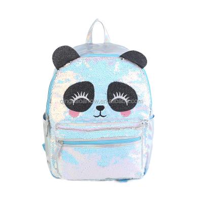 China 2020 Latest Design Anti-theft Custom Lightweight Women School Girls Kids Sequin Embroidery White Holographic Cartoon Panda Backpacks for sale