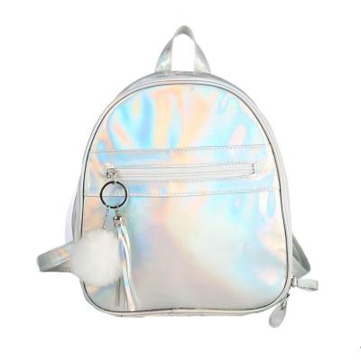 China Waterproof Factory Holographic Laser Backpack PU Shoulder Bag Metallic Silver Shiny Travel Daypack For Kid Girl Women for sale