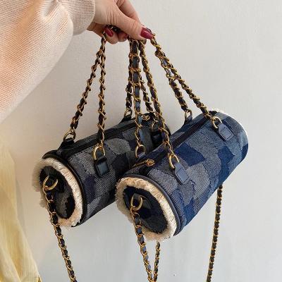 China 2021 Fashion Designer Patchwork Chain Cylinder Shoulder Bags Female Boston Bag Denim Purse Handbag for sale