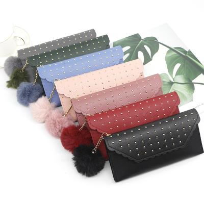 China Wholesale Waterproof Rivet Thin Hairball Clutch Bag Cards Case Long Wallet Phone Wallet Leather for sale