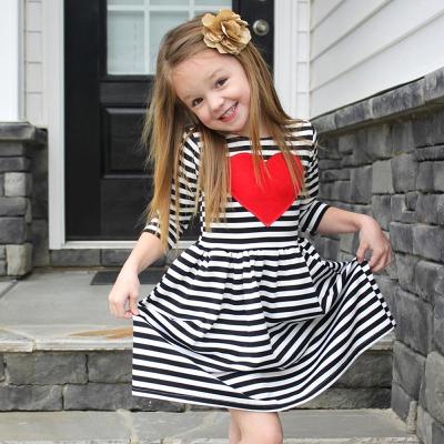 China Breathable Wholesale Valentines Day Half Sleeves Stripes Babies Dress Kids Boutique Clothing for sale