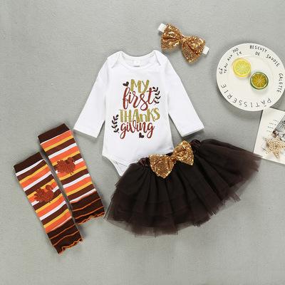 China Antibacterial Cotton Baby Organic Fashionable Legs Romper Thanksgiving Day Sequin Bow Headband Clothes Set for sale