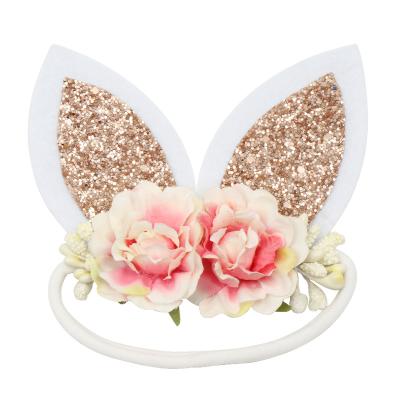 China Baby Headband Bunny Ear Flowers Easter Headband Handmade for Baby Kids Birthday for sale