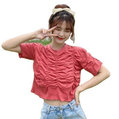 China Women's Central Institute of Statistics Style Bubble Sleeve Loose Short Sleeve Korean Original Western Shorts Pleated T-shirt Anti-wrinkle Minority Design Sense for sale