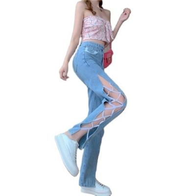 China QUICK DRY Design Women's Spring High Waist Summer Slit Pants Straight Tube Loose Wide Leg Pants Bifurcates Cotton Splice Jeans for sale