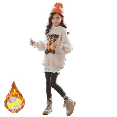 China New Korean Style Girls Fleece Hoodie 2021 Big Children Autumn And Winter Thick Warm Warm Bottom Children Set for sale