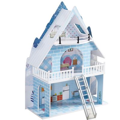 China Wooden Dollhouse with 18 Piece Funny Blue and White Wooden Accessary with Ladder Support OEM and Custom Furniture for sale