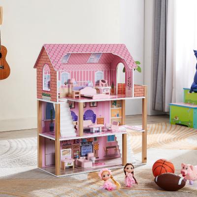 China Toy Wholesale Cartoon Pink Custom Dollhouse Wooden Miniature Furniture Toys Sets Large Poppenhuis Roombox DIY Style Dollhouse For Girls for sale