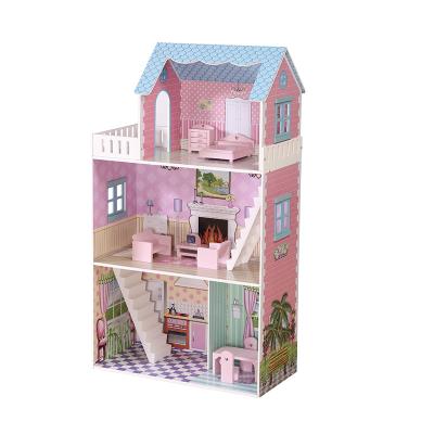 China 2020 Wooden Fashion Three Top Floors Large Wooden Dollhouse With Mini Furniture for sale