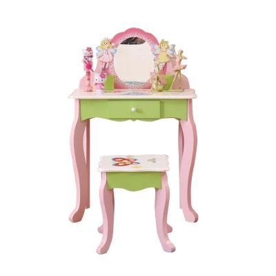 中国 Wooden Wooden Make Up Table With Stool Girls Pretend Beauty Table Mirror Dressing Table For Kids 販売のため