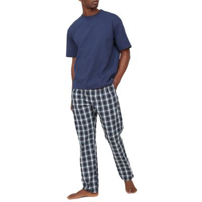 China Qingzhihuo Breathable Loose Loungewear 2 Pieces Cotton T-shirt And Loose Fit Pants Woven Men's Plaid Pajamas Sets Sleep Clothing for sale