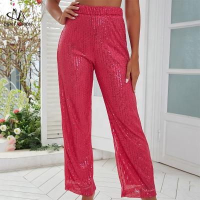 China Anti-Wrinkle D&M Fashion Casual Street Style Women Cargo Pants High Elastic Waist Hot Pink Sequin Elastic Straight Long Pants For Ladies for sale