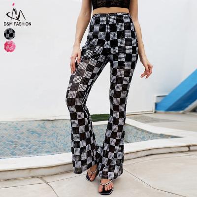 China Anti-wrinkle D&M Summer Fashion Black And White Plaid Pattern Waist Sequin Flare Elastic Long Pants For Women for sale