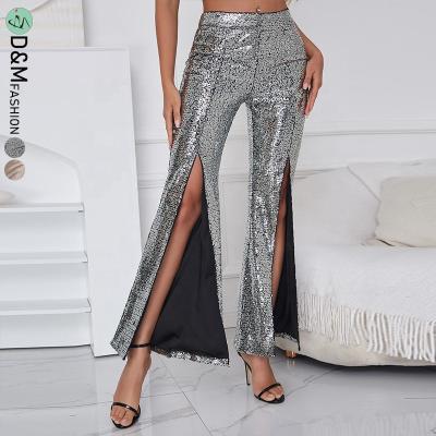 China Anti-wrinkle D&M 2022 new fashion high waist flare leg glamorous zipper fly split edge sequin pants for women for sale